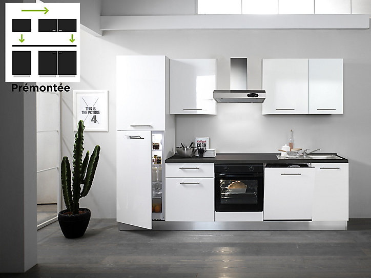 Cuisine complète pré-montée All in premium blanc L.285 cm avec électroménager