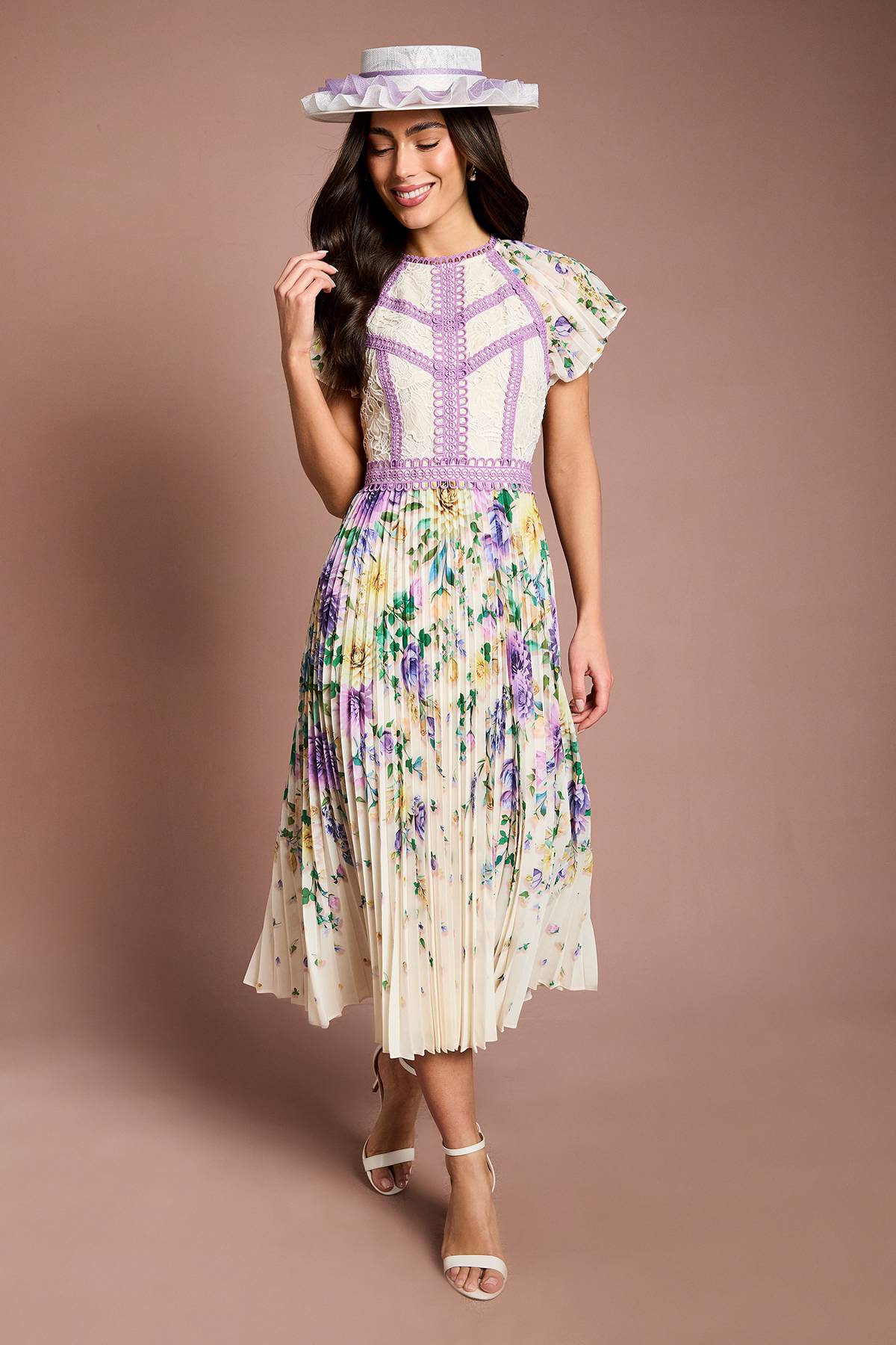 Coast Robe Midi Plissée Lisa Tan À Imprimé Floral Avec Bordure En Dentelle
