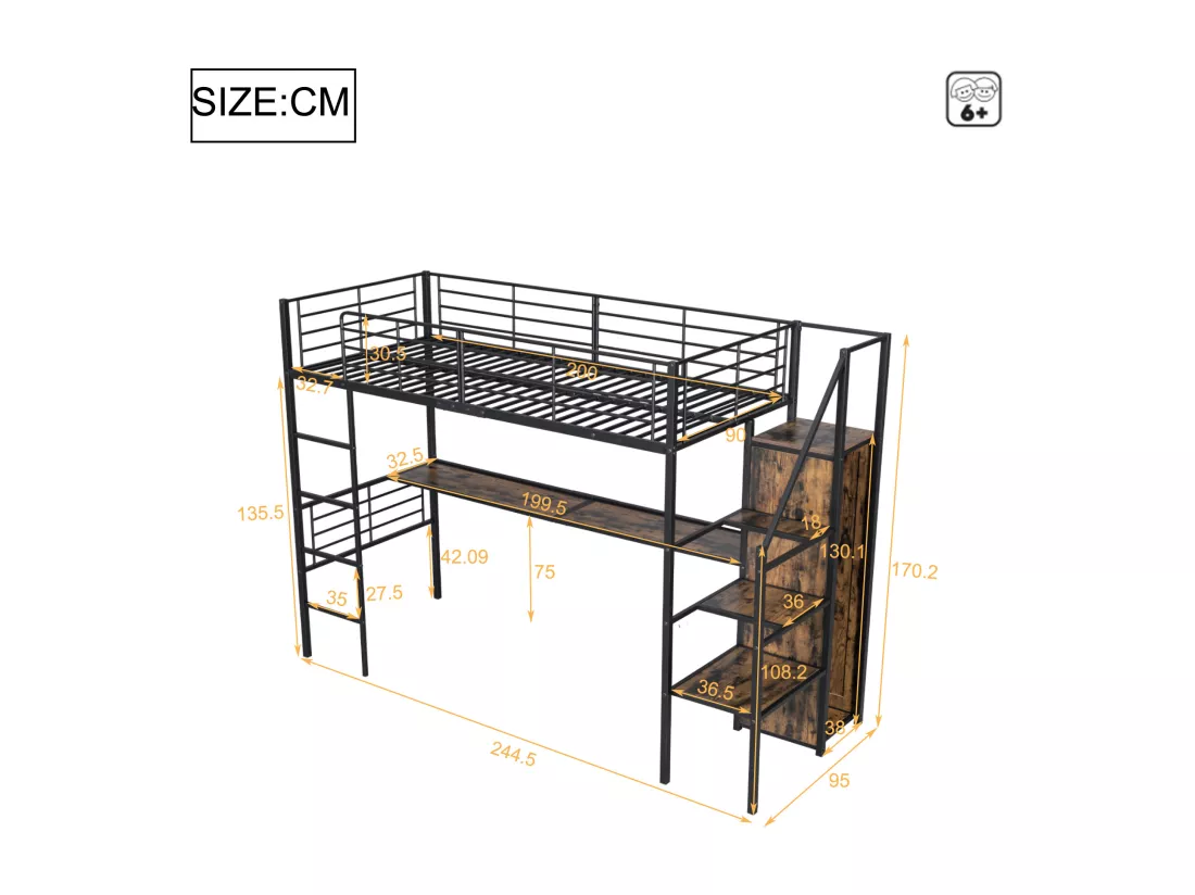 Lit simple mezzanine avec bureau effet bois, étagère et penderie 90*200cm (sans matelas) TIXON