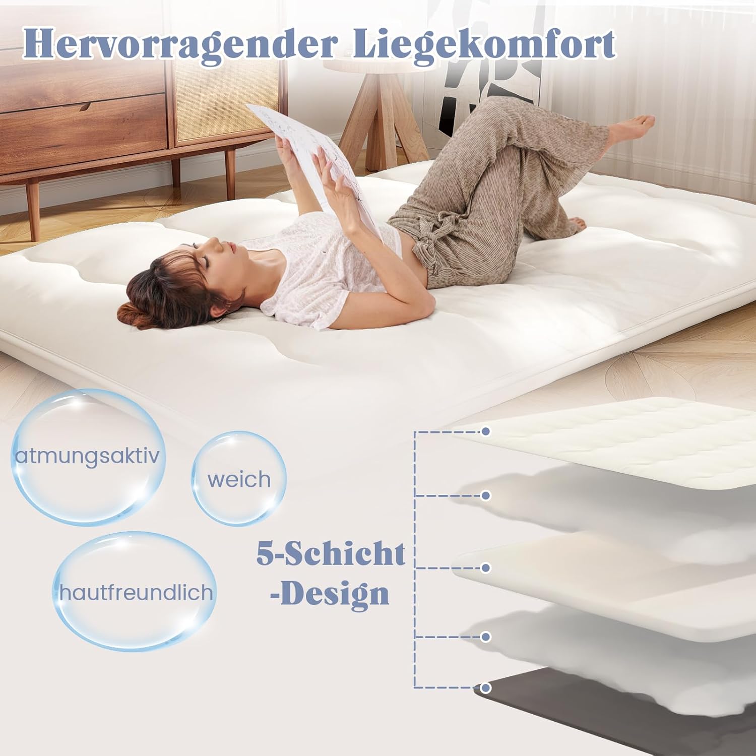 COSTWAY Japanische Futon Matratze, Tatami-Matte, Bodenmatratze, Klappmatratze mit waschbarem Bezug, Faltbare Schlafmatte mit Tragetasche, 140 x 200 cm, Beige