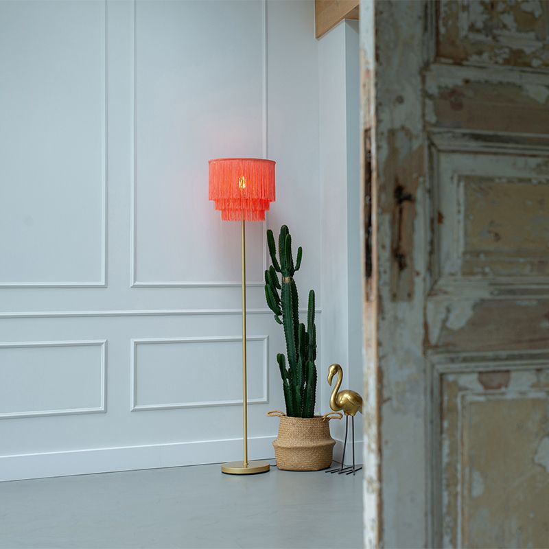 Oosterse vloerlamp goud roze kap met franjes - Franxa