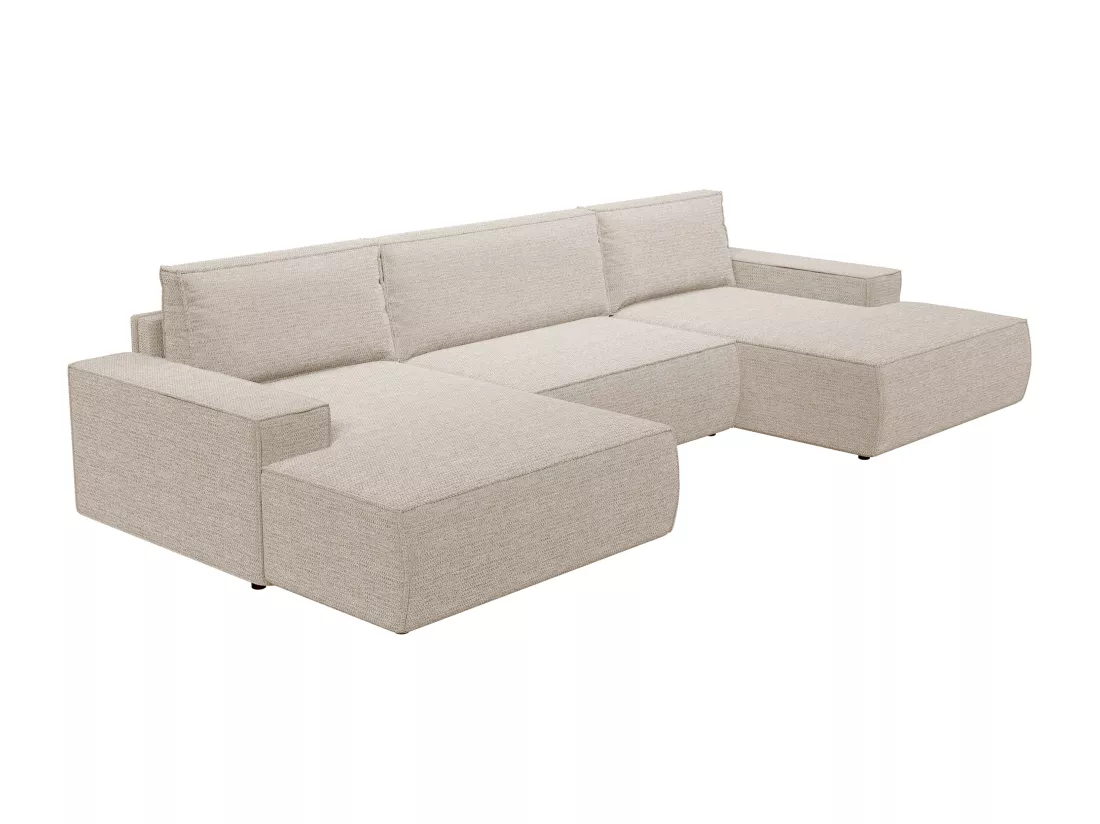 Grand canapé d'angle panoramique convertible en tissu texturé beige AMELIA