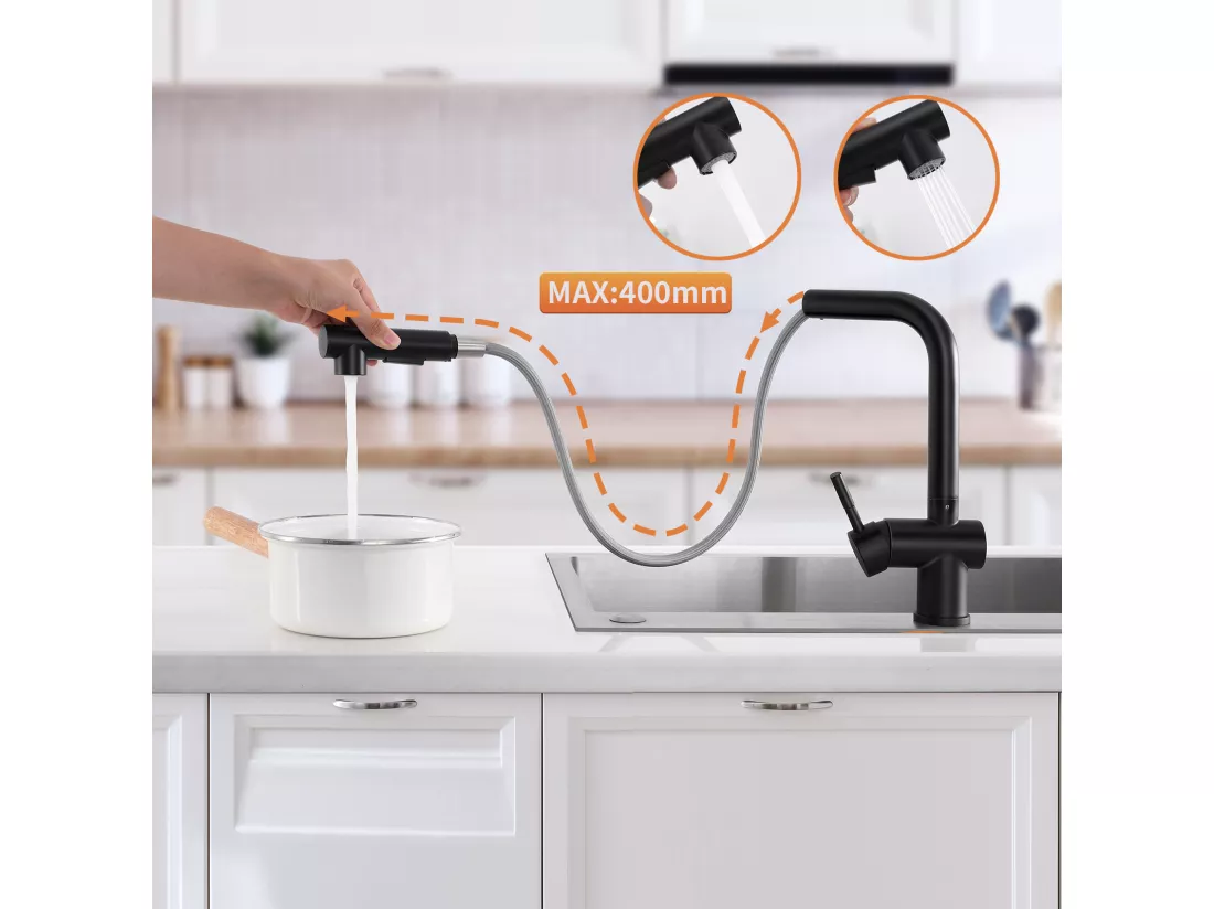 Mitigeur Cuisine Noir Douchette Robinet Douchette évier Extractible 2 Jets Mitigeur Bec Haut Pivotant 360° Acier Inox Barboteur Démotable,EU Modèle