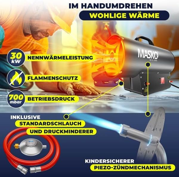 Masko® Gasheizgebläse Gasheizer Heizkanone Gasheizstrahler 30 KW Bauheizer Gas Heizgerät heizstrahler Heißluftgenerator inkl. Gasschlauch & Druckminderer Heizgebläse für handelsübliche Gasflaschen