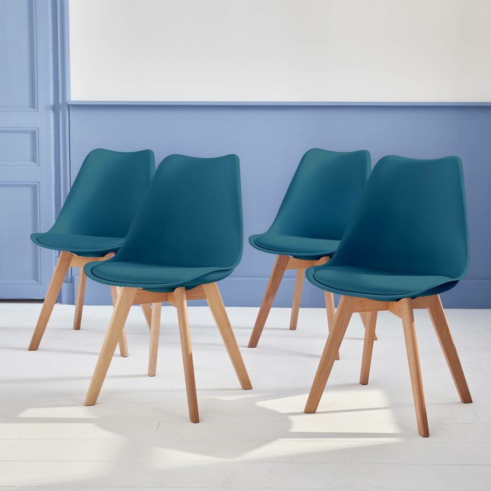 Lot de 4 chaises scandinaves. Pieds bois de hêtre. Chaises 1 place. Bleu canard
