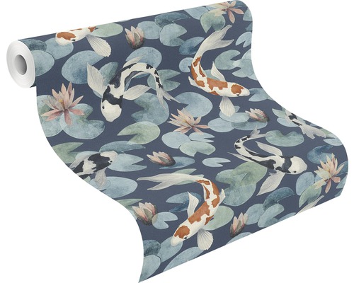 Vliesbehang 409444 Kimono Koi blauw en wit