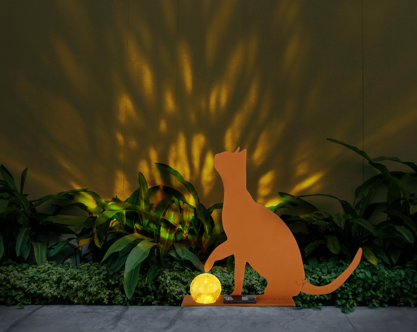 Solarleuchte Katze - rostfarben - Glas amber crackle