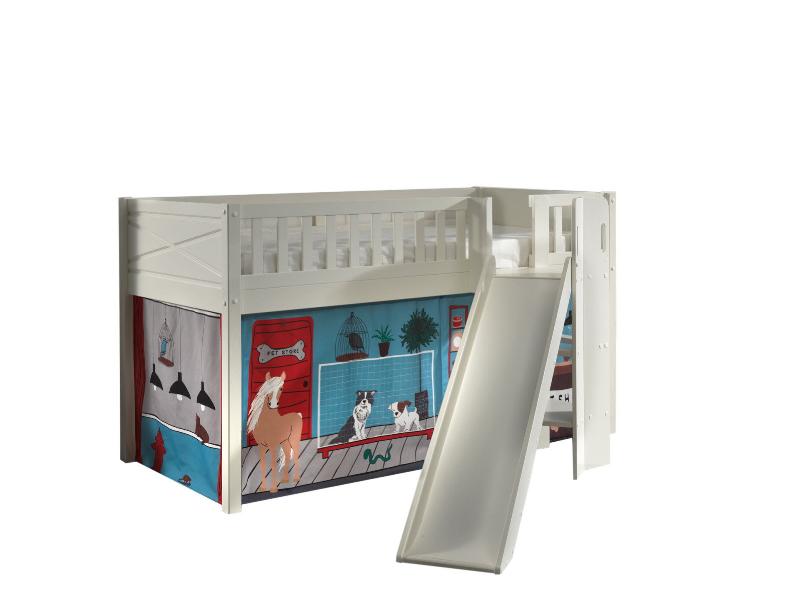 Spielbett SCOTT - weiß - Pet Shop - mit Rutsche, Vorhang und Leiter - 90x200 cm