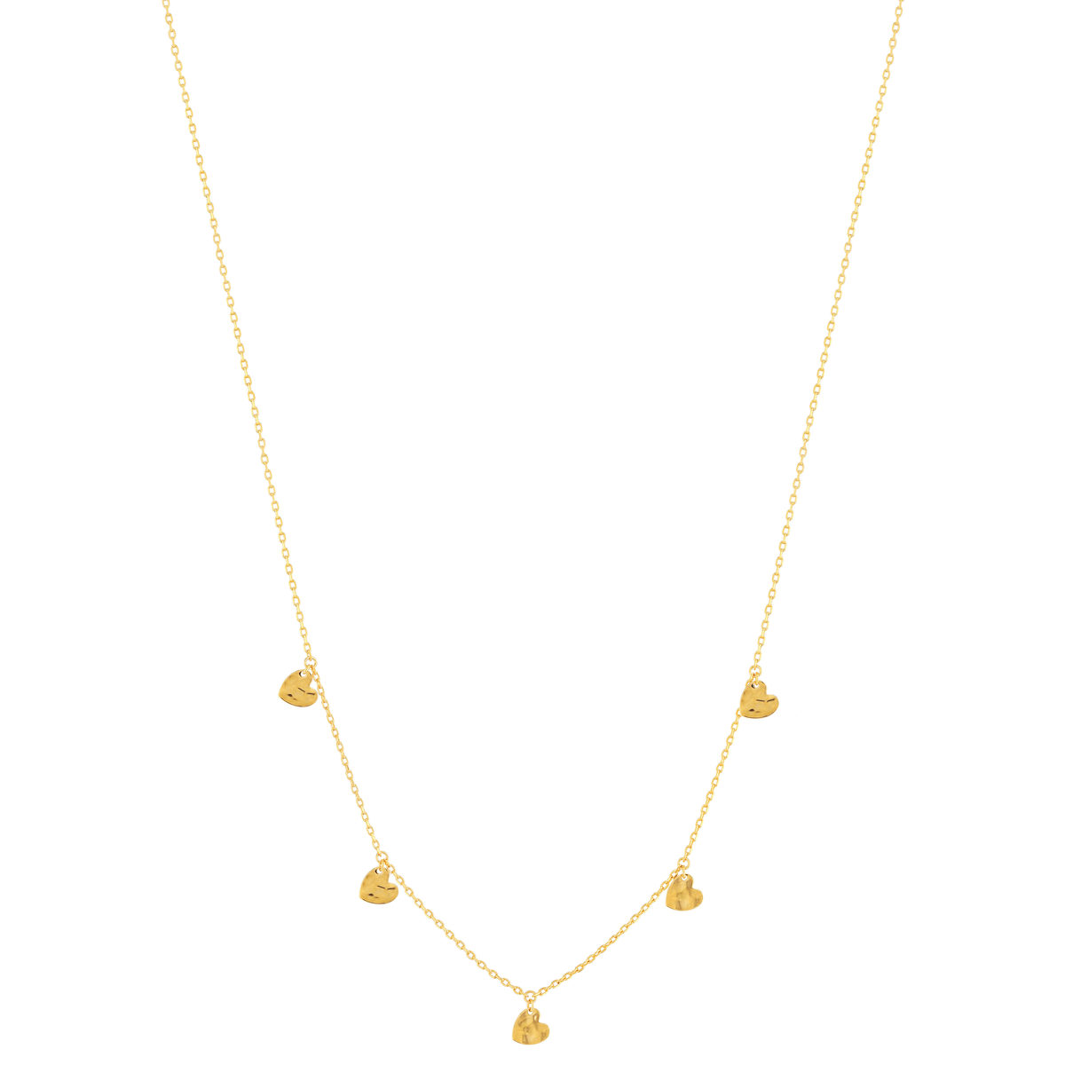 Collier plaqué or jaune, pampilles coeurs martelé 45 cm