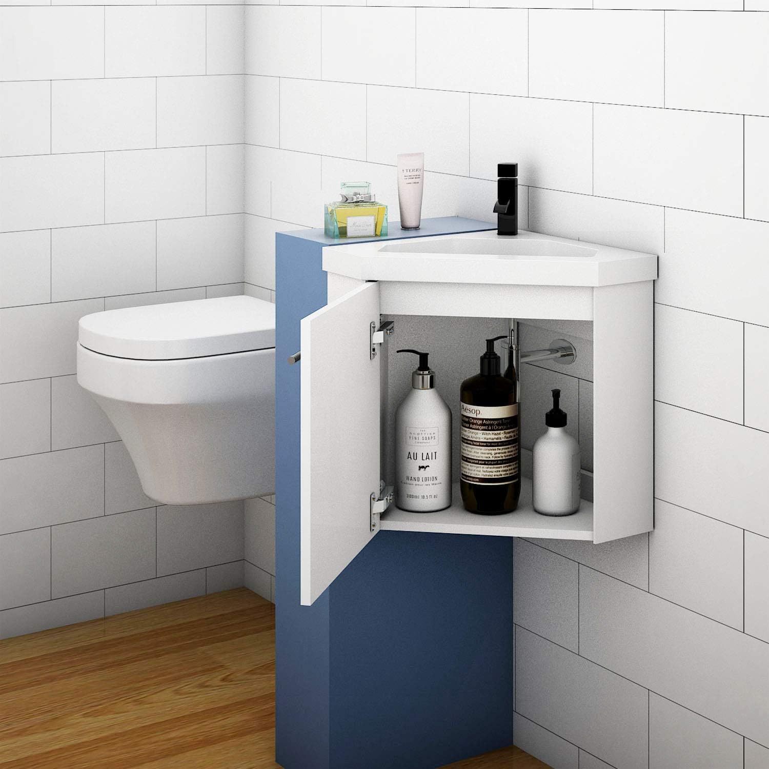 Aica Sanitär Eckwaschtisch 40 cm Eckschrank Vormontieren Waschbecken mit Unterschrank Waschtisch kleinmöbel Weiß