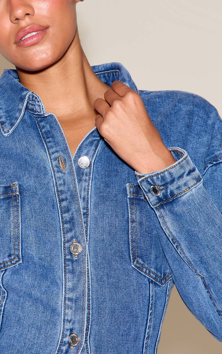 Mid Blue Wash Chemise Longue Cintrée À La Taille Avec Détails De Coutures