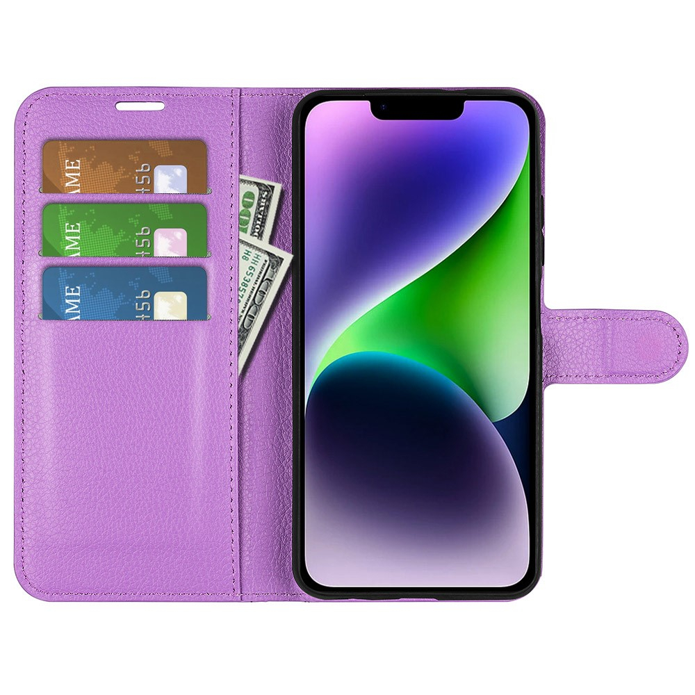 iPhone 15 Leder Tasche Flip Cover Litchi Look - Lila