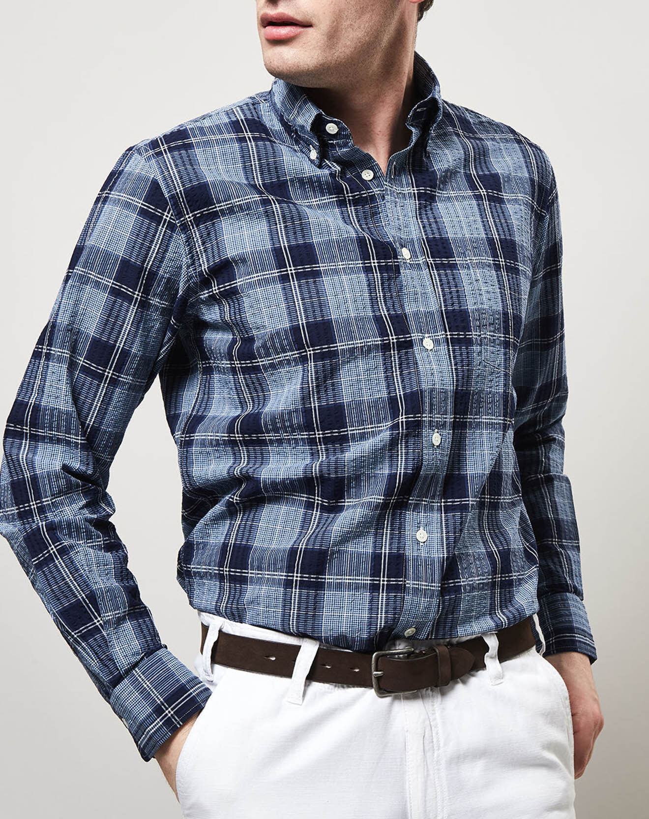 Hartford Chemise regular Pal à carreaux gauffrés bleu/marine