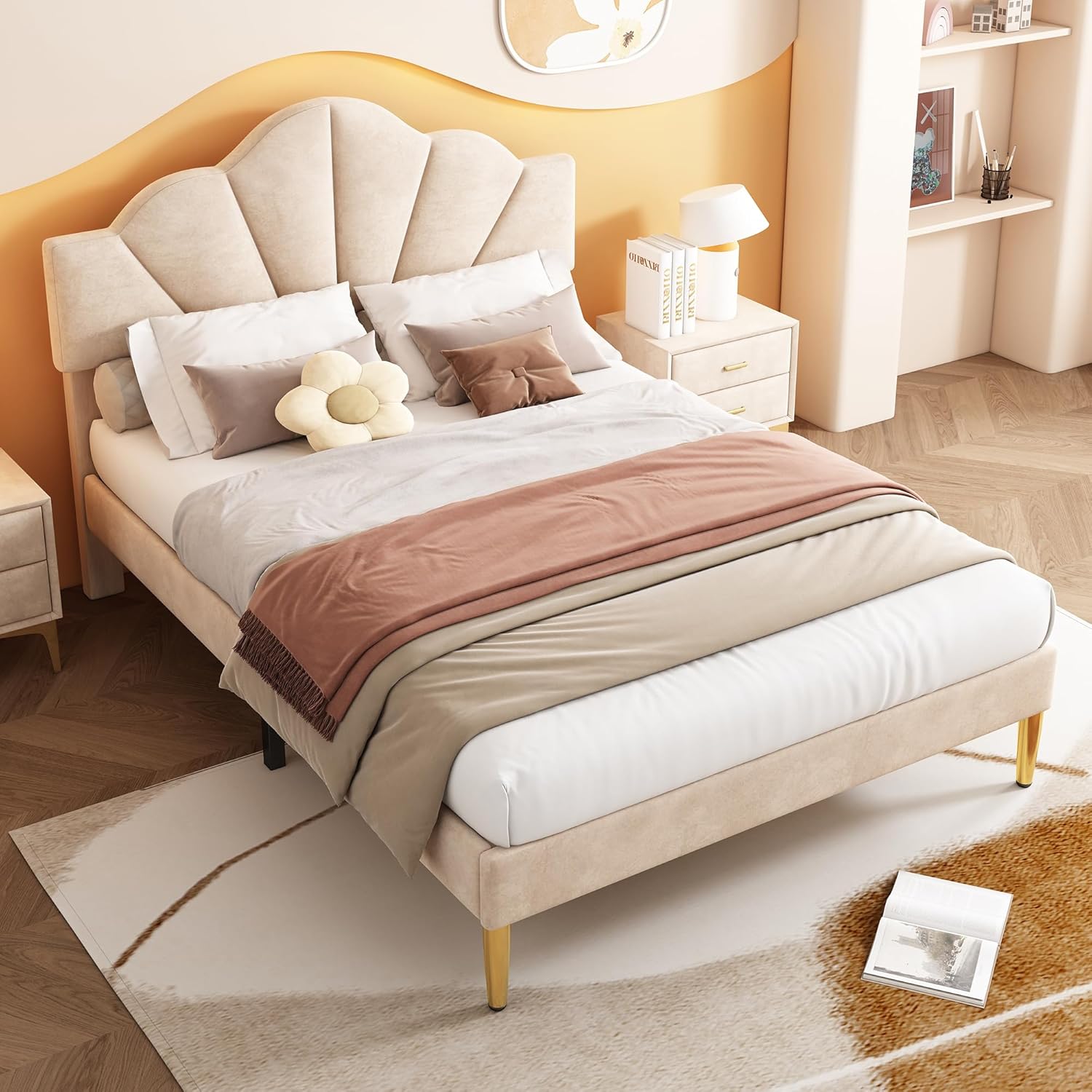 sogesfurniture Polsterbett Einzelbett 140x200cm Jugendbett, Bettrgestell mit höhenverstellbarem Kopfteil, Gepolstertes Bett mit Holzlattenrost, Beige BI2178541