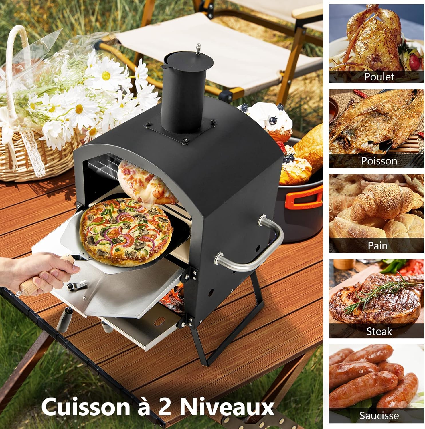 GYMAX Four à Pizza Extérieur Mini, Fours à Pizza au Bois avec Pierre à Pizza, Pelle à Pizza, Jambes Pliantes et Poignées Portables, Ventilateurs Ajustables, Couvercle Imperméable