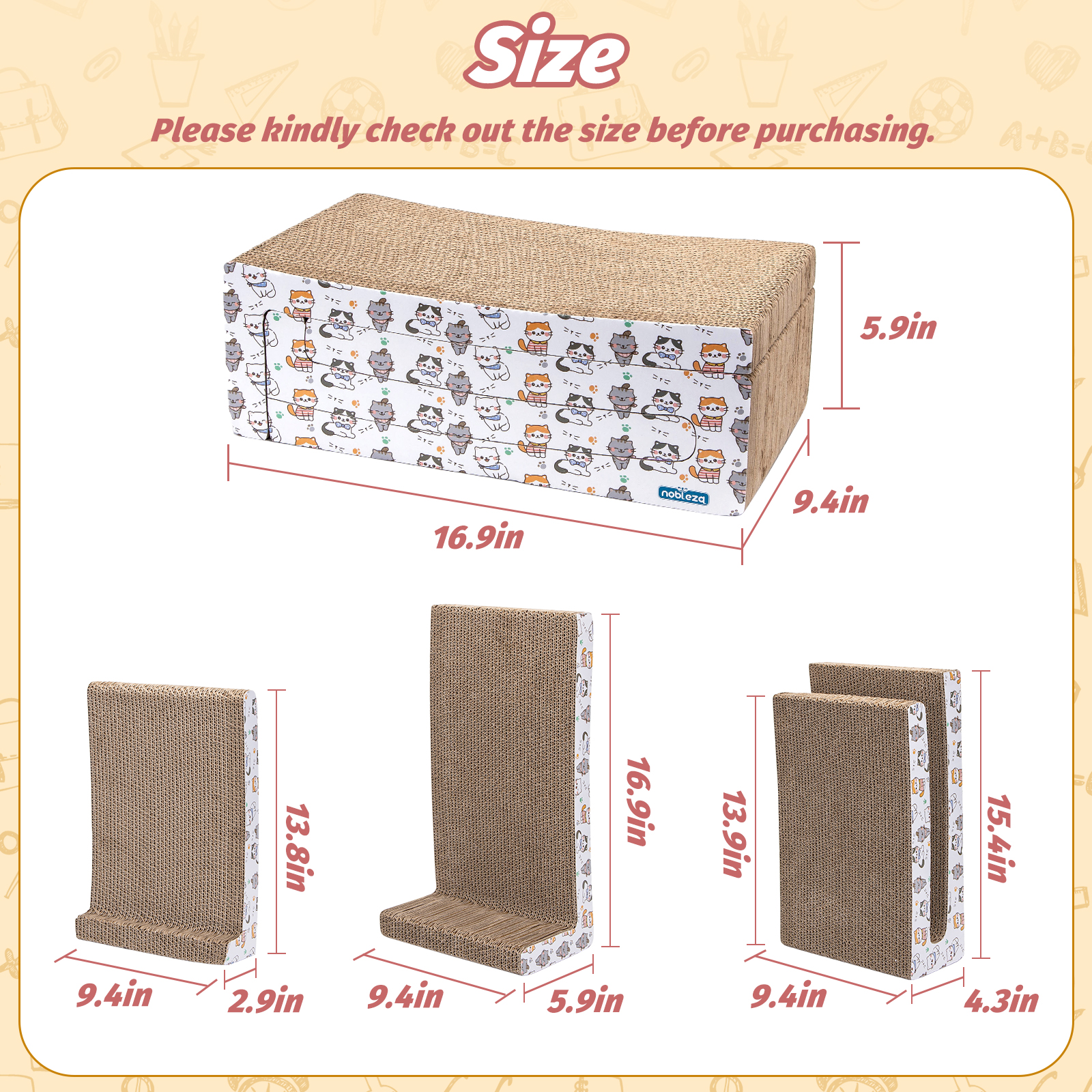 Arranhador de papelão 3 em 1 Nobleza para gatos com catnip, arranhador de papelão ondulado, arranhador para móveis, disponível em ambos os tamanhos.