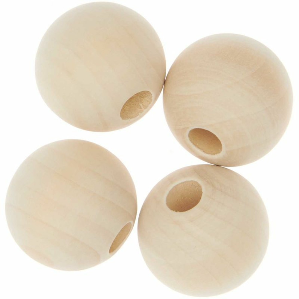 4 perles rondes macramé - bois nature - 35 mm