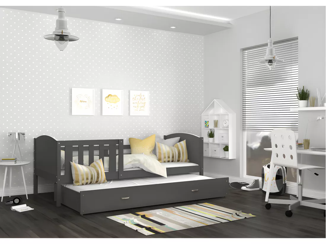 Lit Gigogne Tomy 90x190 Gris - gris Livré avec sommiers, tiroir et matelas en mousse de 7cm