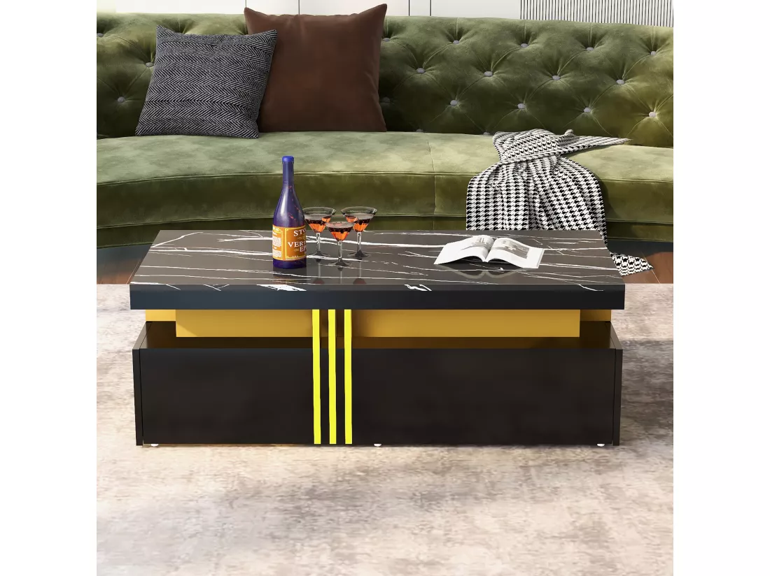 Table basse rectangulaire effet marbre noir brillant avec 2 tiroirs 100*50*40 cm GEVREITS BLACK