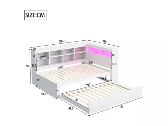 Canapé-lit en bois massif 90x200 cm - avec lit gigogne - avec prise USB + et éclairage LED - avec compartiment de rangement - blanc (sans matelas)