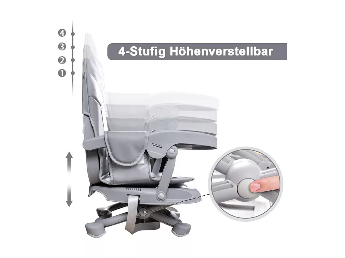 Réhausseur Chaise Enfant Pliable,Chaise Haute Bébé Portable,Bébé Chaise repas en Hauteur Réglable,Plateau Amovible,6 mois à 3 ans,Gris avec Coussin