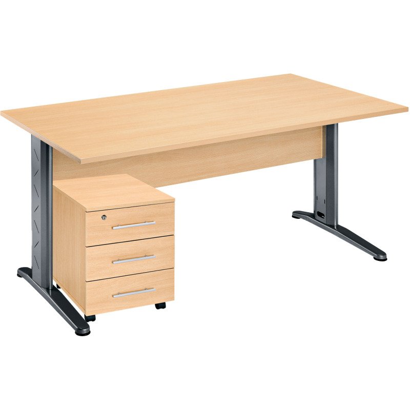Pack bureau droit hêtre pied L métal + caisson mobile 3 tiroirs Altys