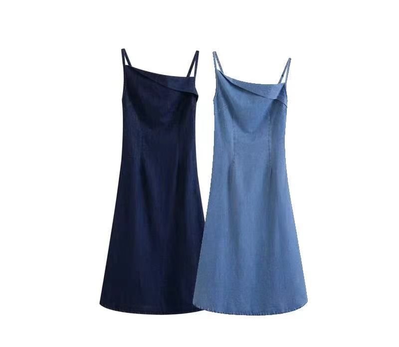 Avauntgardo - Spaghettibandjes denim A-lijn midi-jurk
