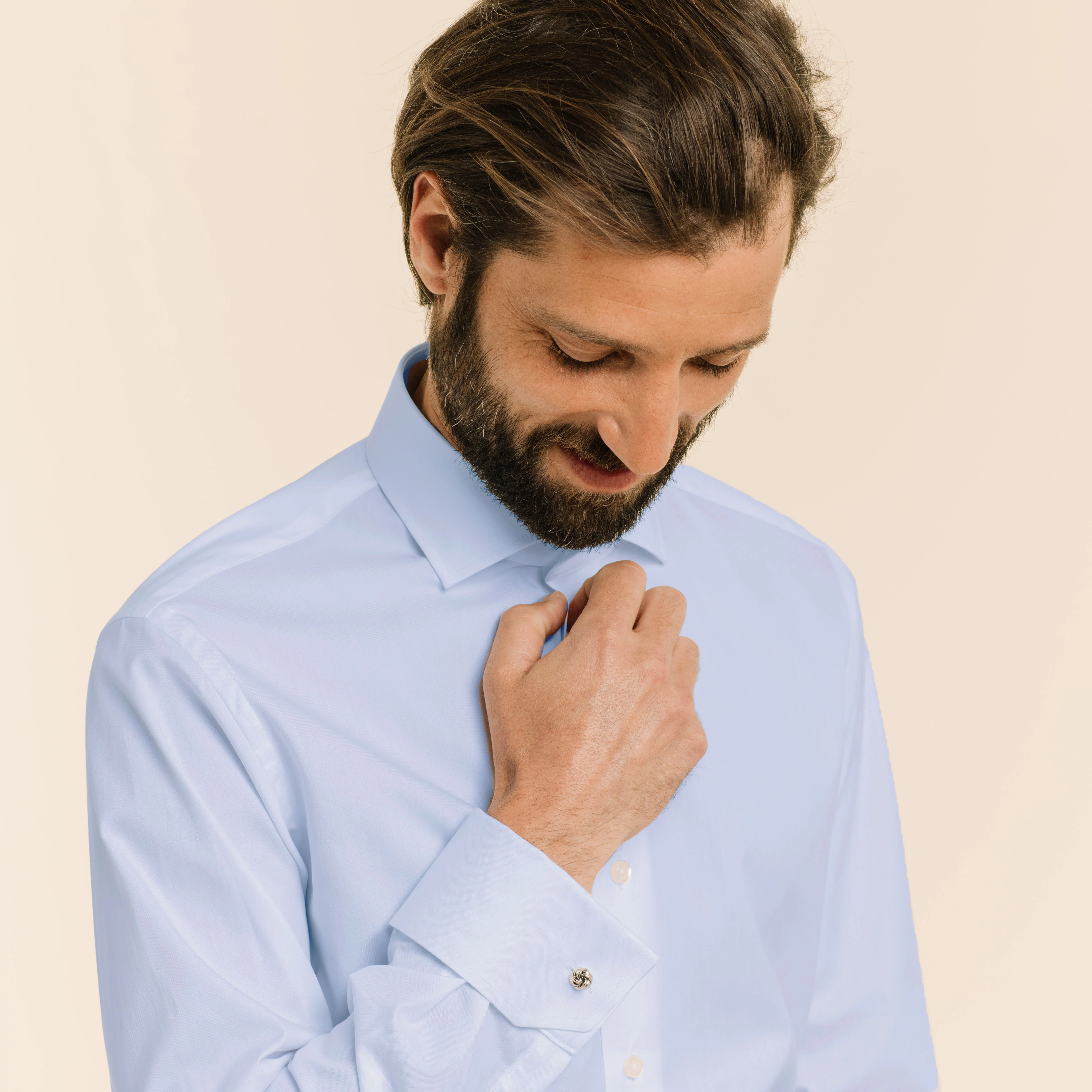 Blue double-twisted double-twisted Oxford shirt with French cuffs