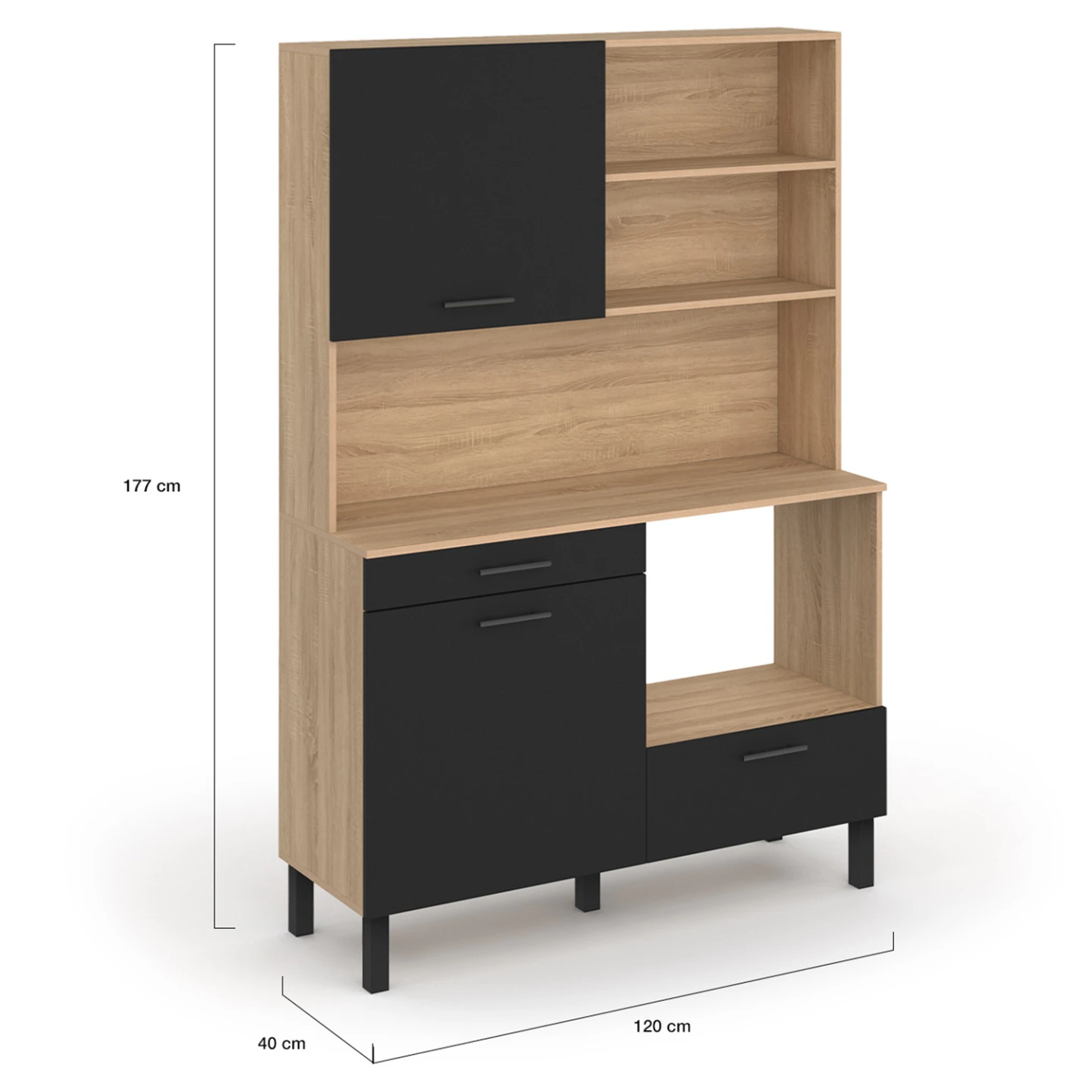 Buffet de cuisine 120 CM CINA 3 portes + 1 tiroir façon hêtre et noir