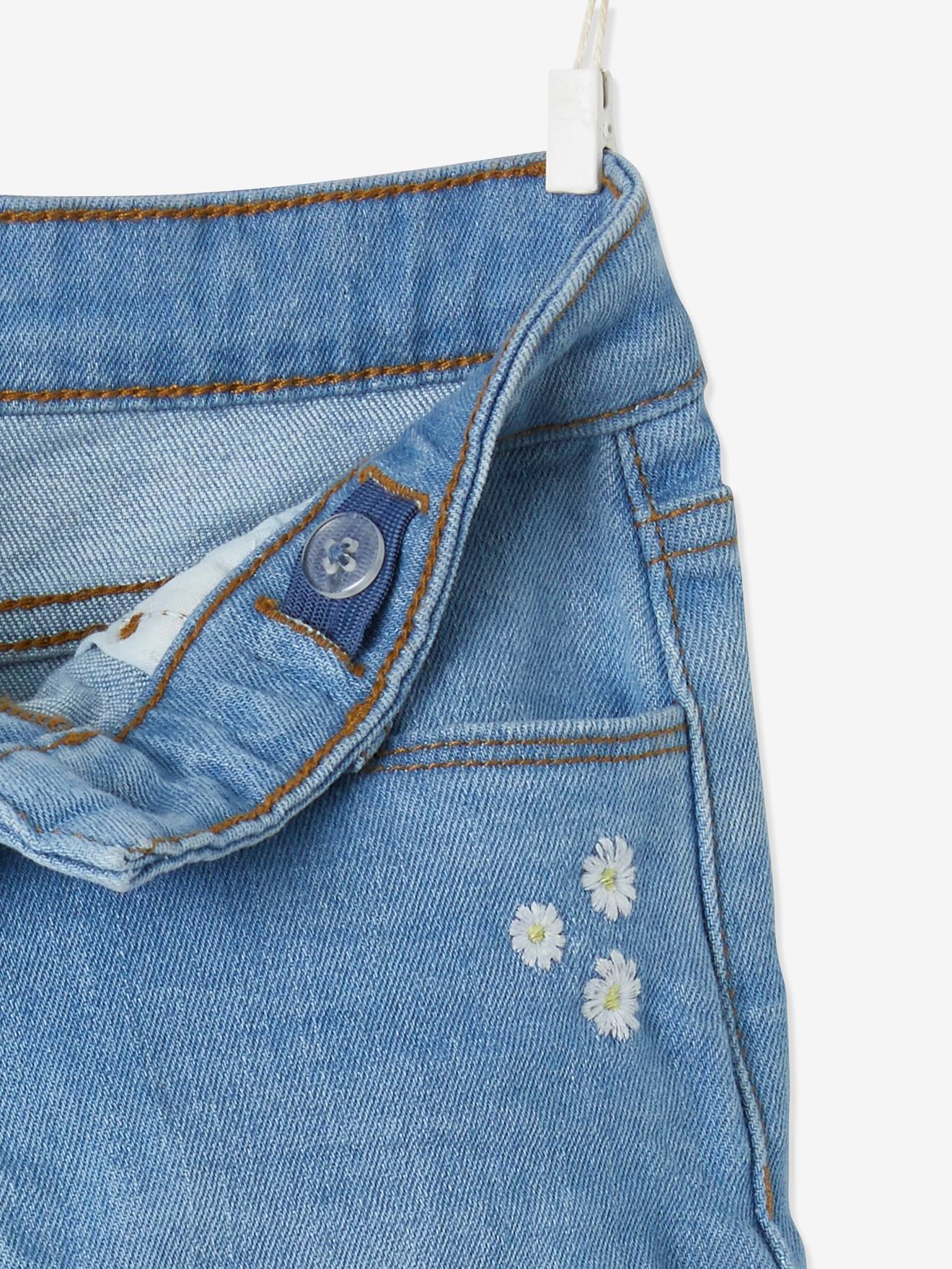 Calça jeans cropped com bordado floral, para meninas, azul médio.
