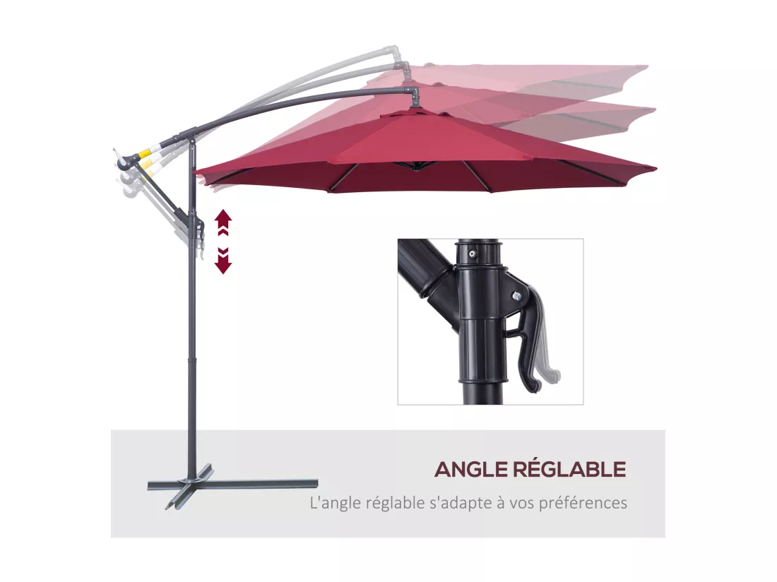 Parasol déporté octogonal à manivelle inclinable manivelle avec pied en acier diamètre 3 m rouge