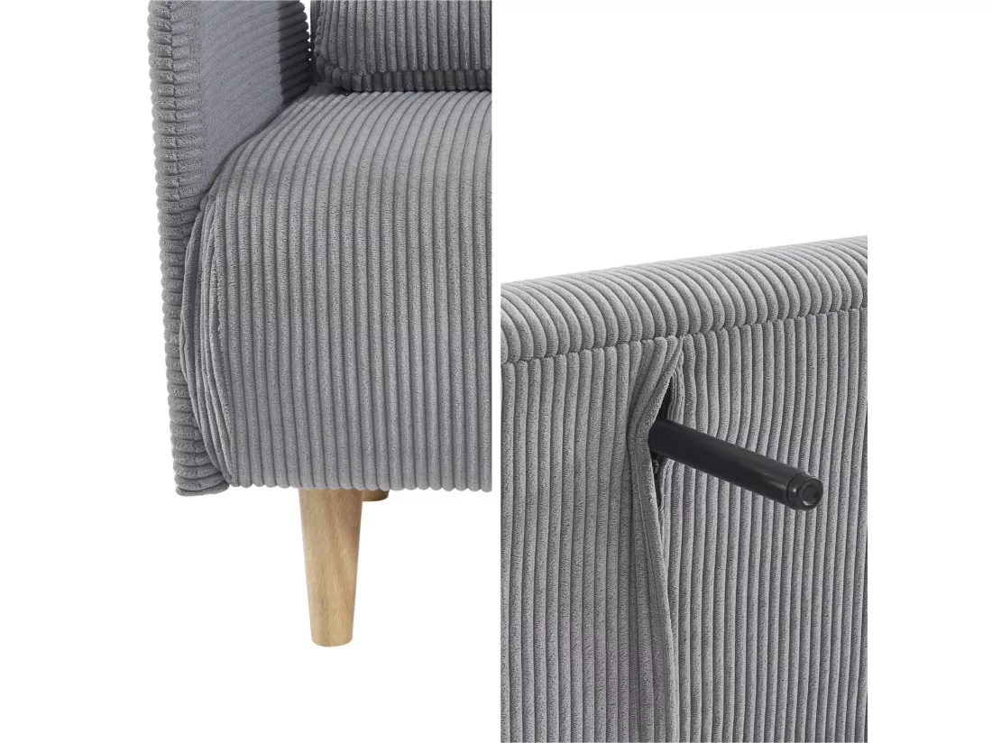 Canapé convertible en velours côtelé - Panam - 2 places scandinave. pieds bois. gris clair. banquette. dossier inclinable