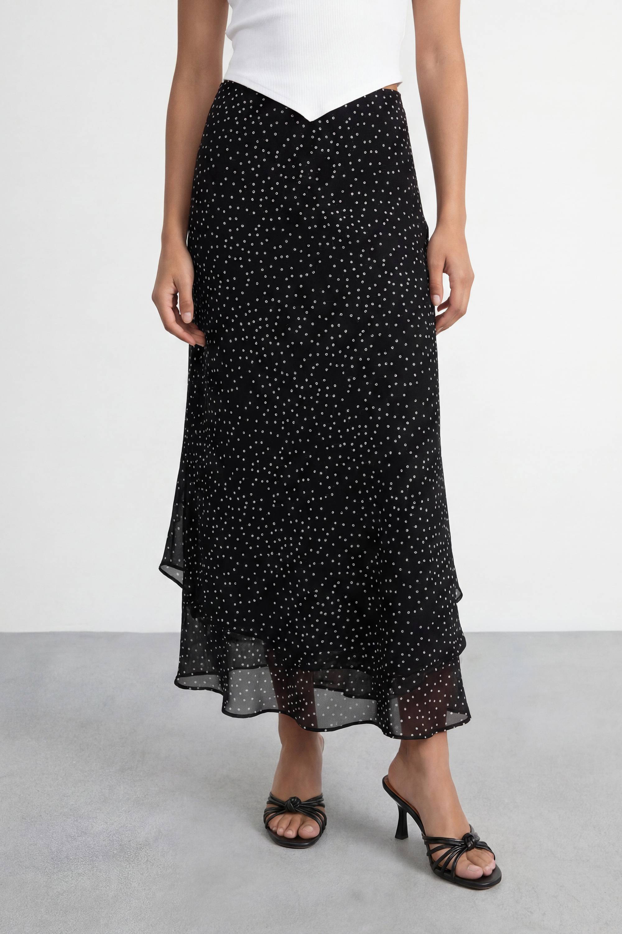 Warehouse Jupe Midi À Pois Taille Haute Coupe Biais Avec Volants