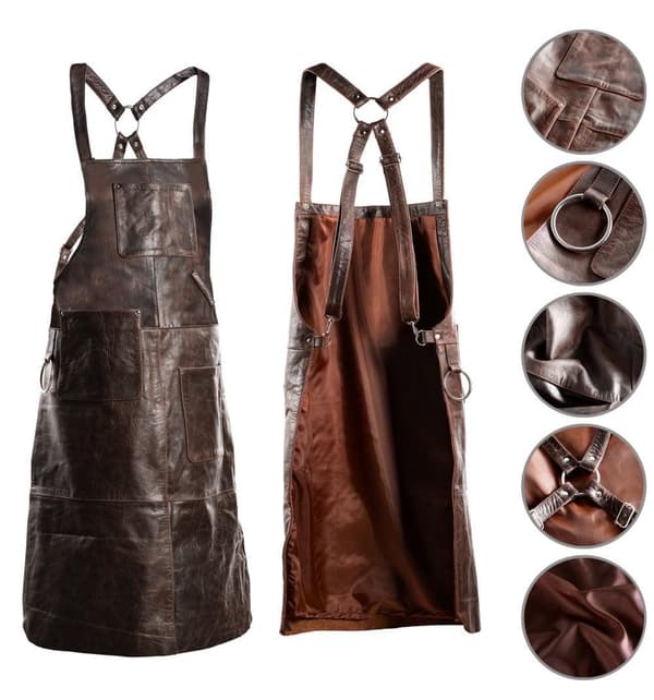 PREMIUM SKINNFORKLE GRILL / BBQ / BARISTA / KOKK / FRISØRFORKLE BRUN VINTAGE
