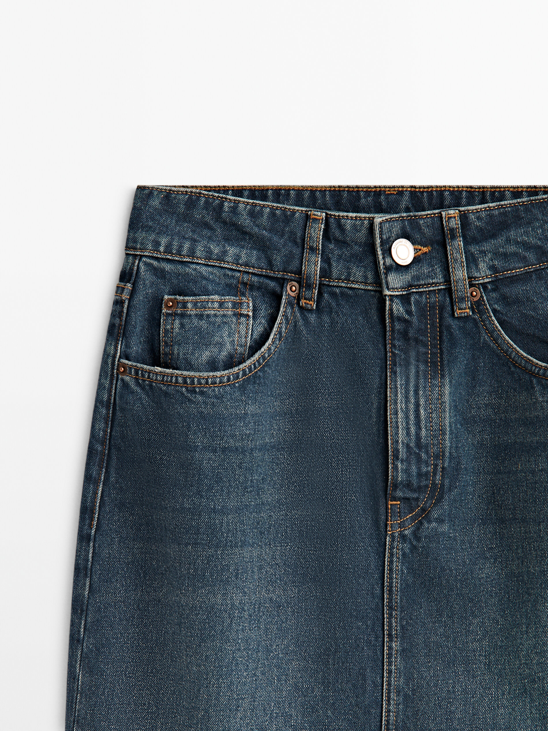 Saia jeans de cintura alta com efeito lavado - AZUL MÉDIO