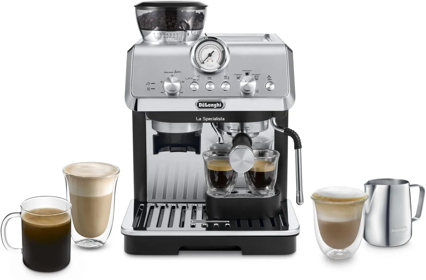 De'Longhi La Specialista Arte EC9155.MB Siebträgermaschine, Espressomaschine mit Mahlwerk, 8 Mahlgrade, 15 Bar, 3 Temperaturen, Milchschaumdüse, 1300 W, 1,5 l Tank, Edelstahl/Schwarz inkl. Barista-Kit
