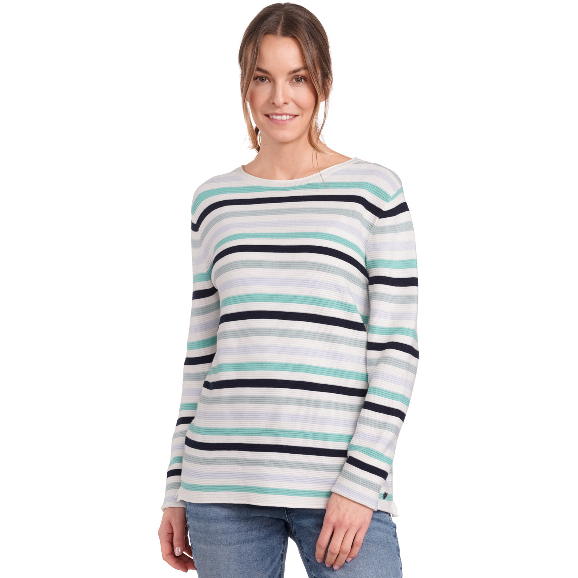 Gina Damen Strickpullover mit Streifen-Allover türkis / cremeweiss / dunkelblau