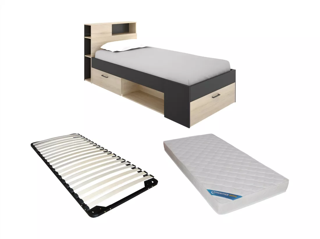 Lit avec tête de lit rangements et tiroir - 90 x 190 cm - Anthracite et naturel + matelas + sommier - LEANDRE