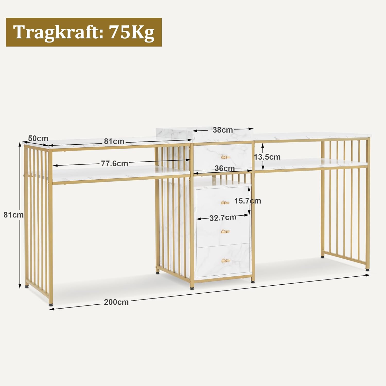 M MCombo Doppelnageltisch mit Schubladen, Schreibtisch mit Regal, Manikürtisch, Schminktisch ohne Spiegel Wohnzimmer Modern, Marmor-Weiß Gold, 50 x 200 x 86cm, 2413