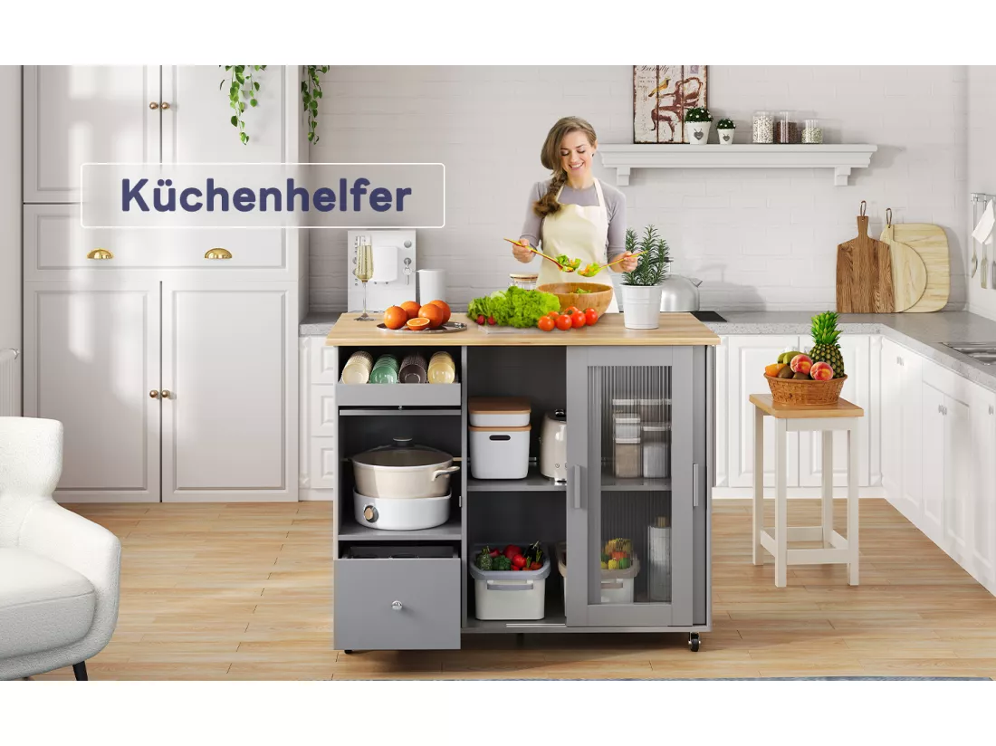 Ilot central de cuisine mobile avec 2 portes coulissantes, 1 tiroir et casier à vin - plateau extensible - 112x46/69x91 cm - MDF - Gris