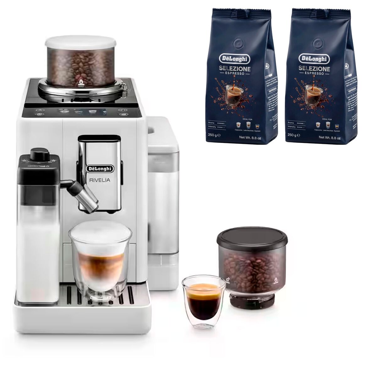 Delonghi Rivelia Helautomatisk kaffemaskin, hvit & 2 stk kaffebønner DLSC600