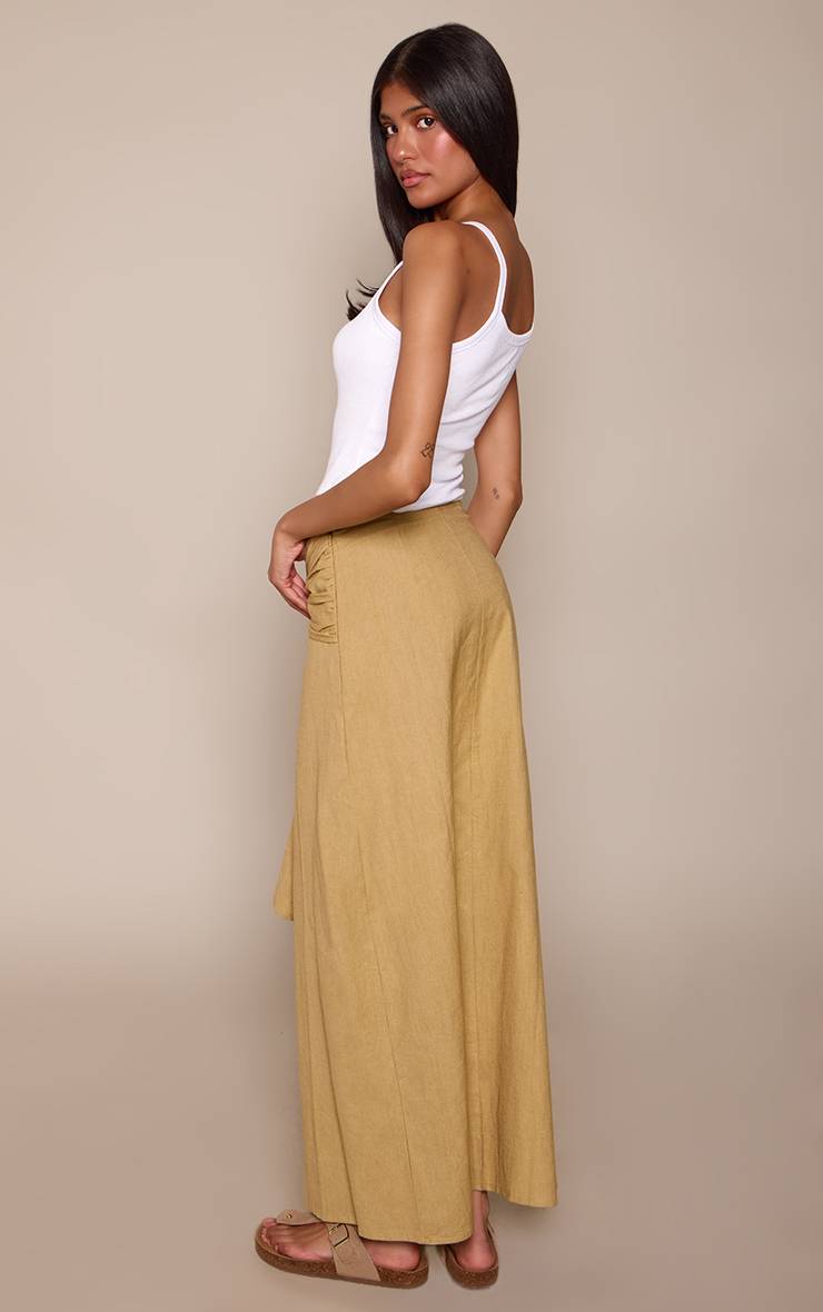 Kaki Jupe Longue Portefeuille En Mélange Coton Lin Olive