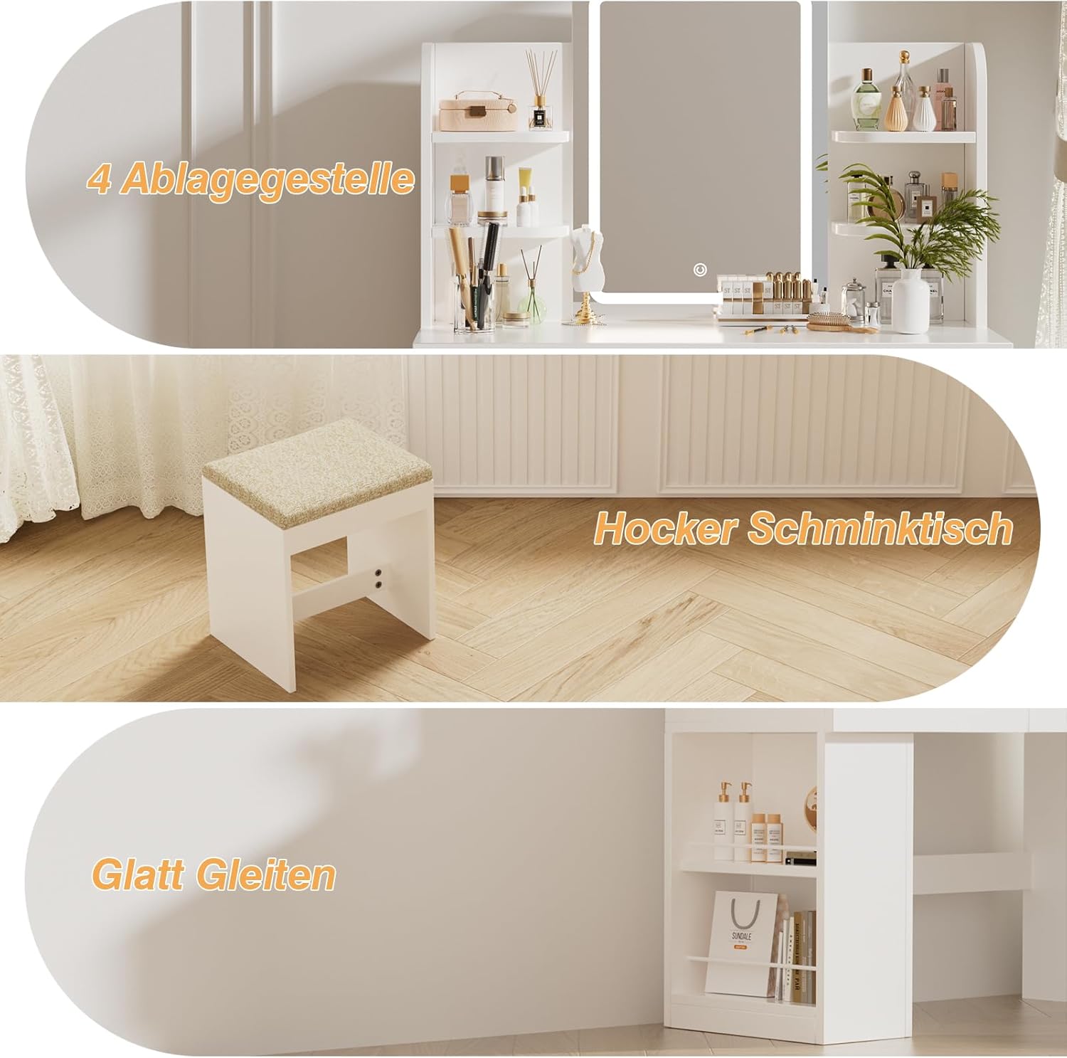 Airfish Schminktisch mit LED Beleuchtung, Frisiertisch mit Hocker und Spiegel, 2 Schubladen, Farbtemperaturen und Helligkeit Einstellbar (Weiß Schminktisch+Hocker)