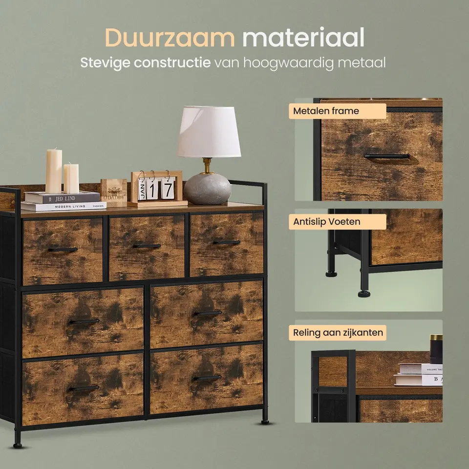 O'DADDY Industrieel Ladekast - 7 Laden - Vintage Bruin/Zwart - 28,5x98x85 cm