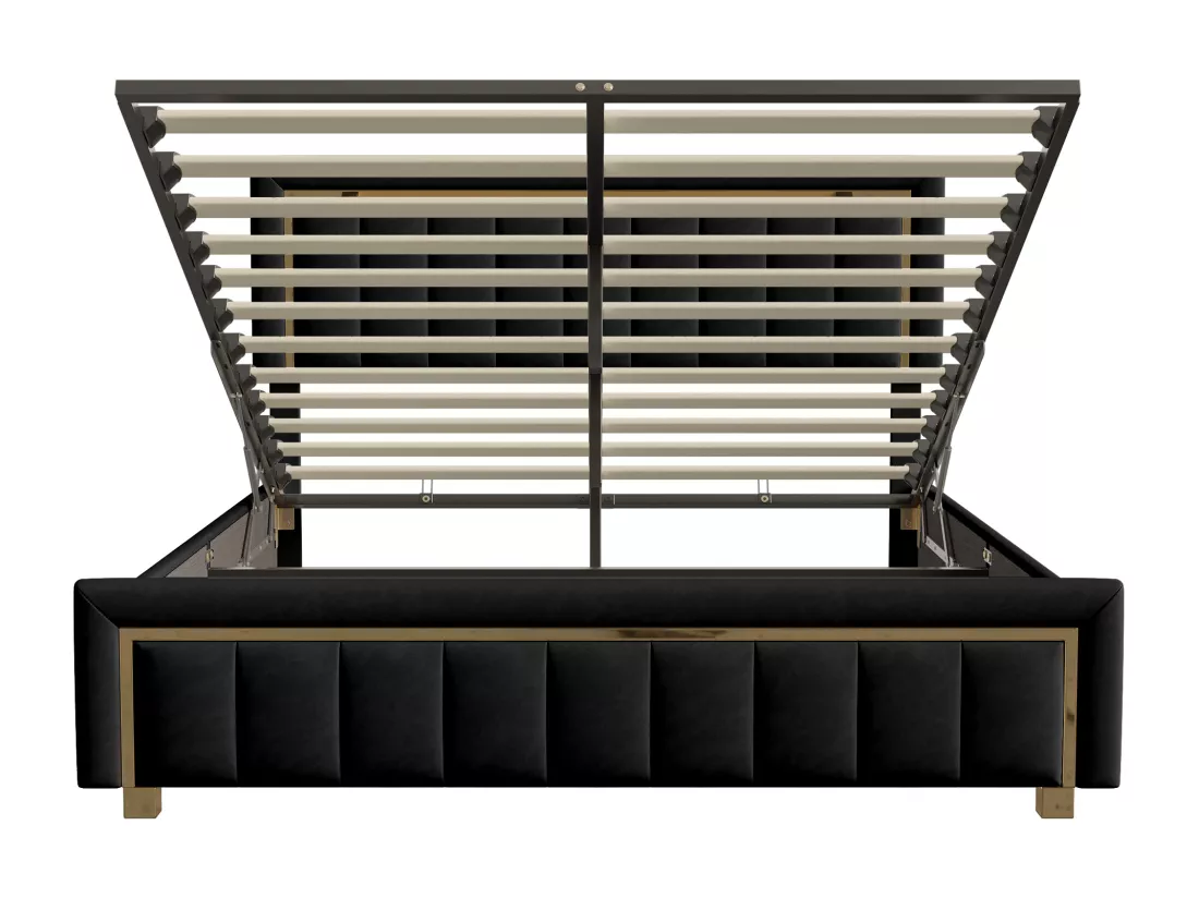 lit double rembourré 140 x 200,lit coffre avec sommier,lit adulte 140 x 200 avec levier hydraulique,velours,noir