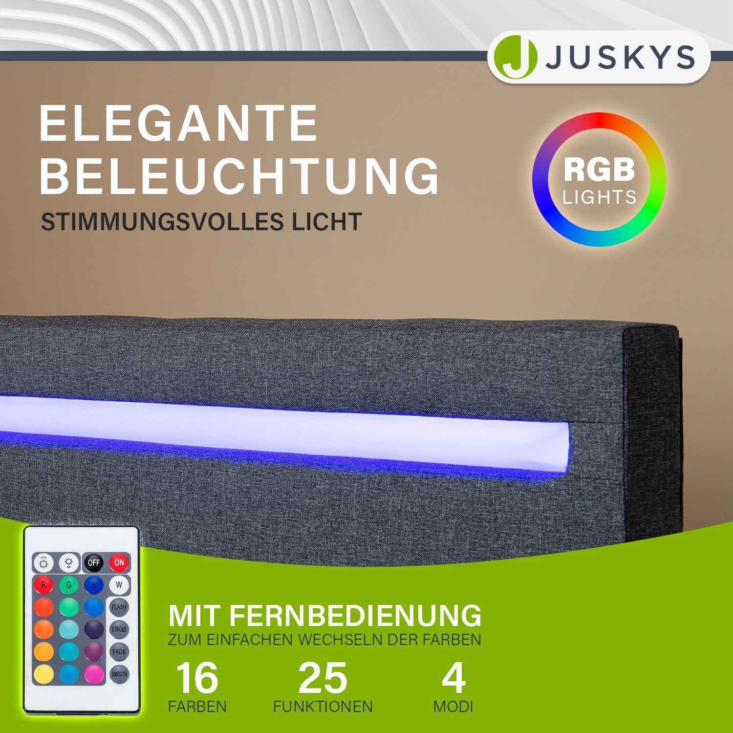 Juskys Polsterbett Verona 90x200 cm grau mit Matratze – Einzelbett + LED-Beleuchtung & Lattenrost