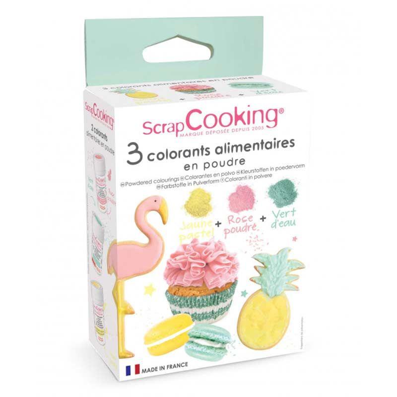 3 colorants alimentaires rose poudré, vert d'eau, jaune pastel 5 g Scr