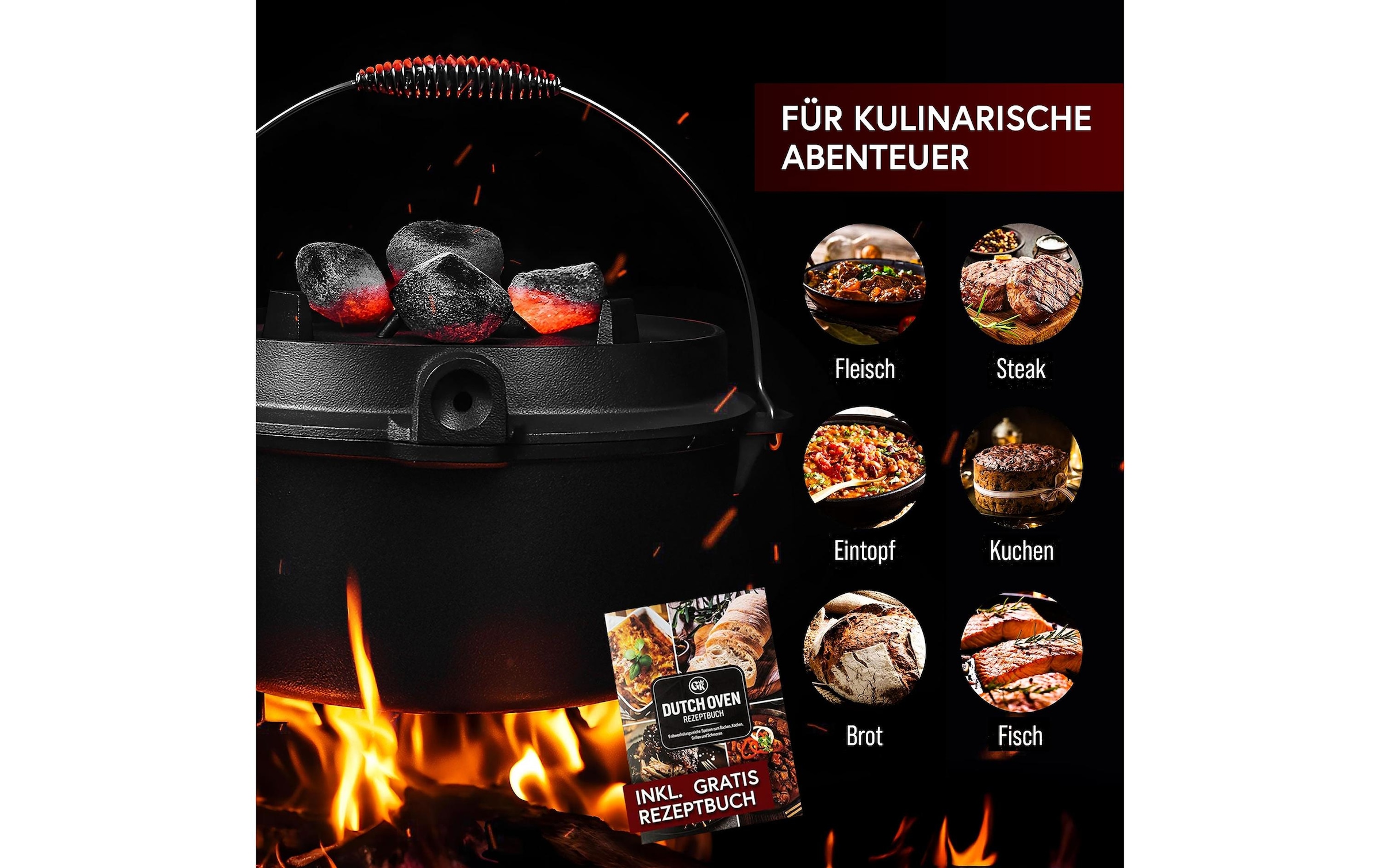 Grilltopf »Gusskoenig Dutch Oven Set 9 l mit Heber, Bürste, Untersetzer« Gusseisen