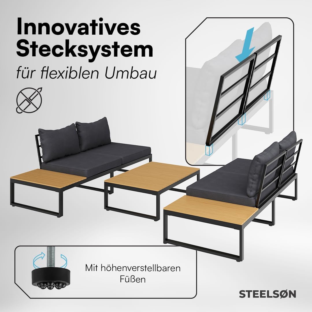 STEELSØN Zandra Gartenlounge Outdoor – modulares Gartenmöbel Set mit Ecksofa & Tisch wetterfest – Balkonmöbel aus Akazien Holz & Stahl mit Kissen in schwarz – Loungemöbel für Garten/Terasse/Balkon