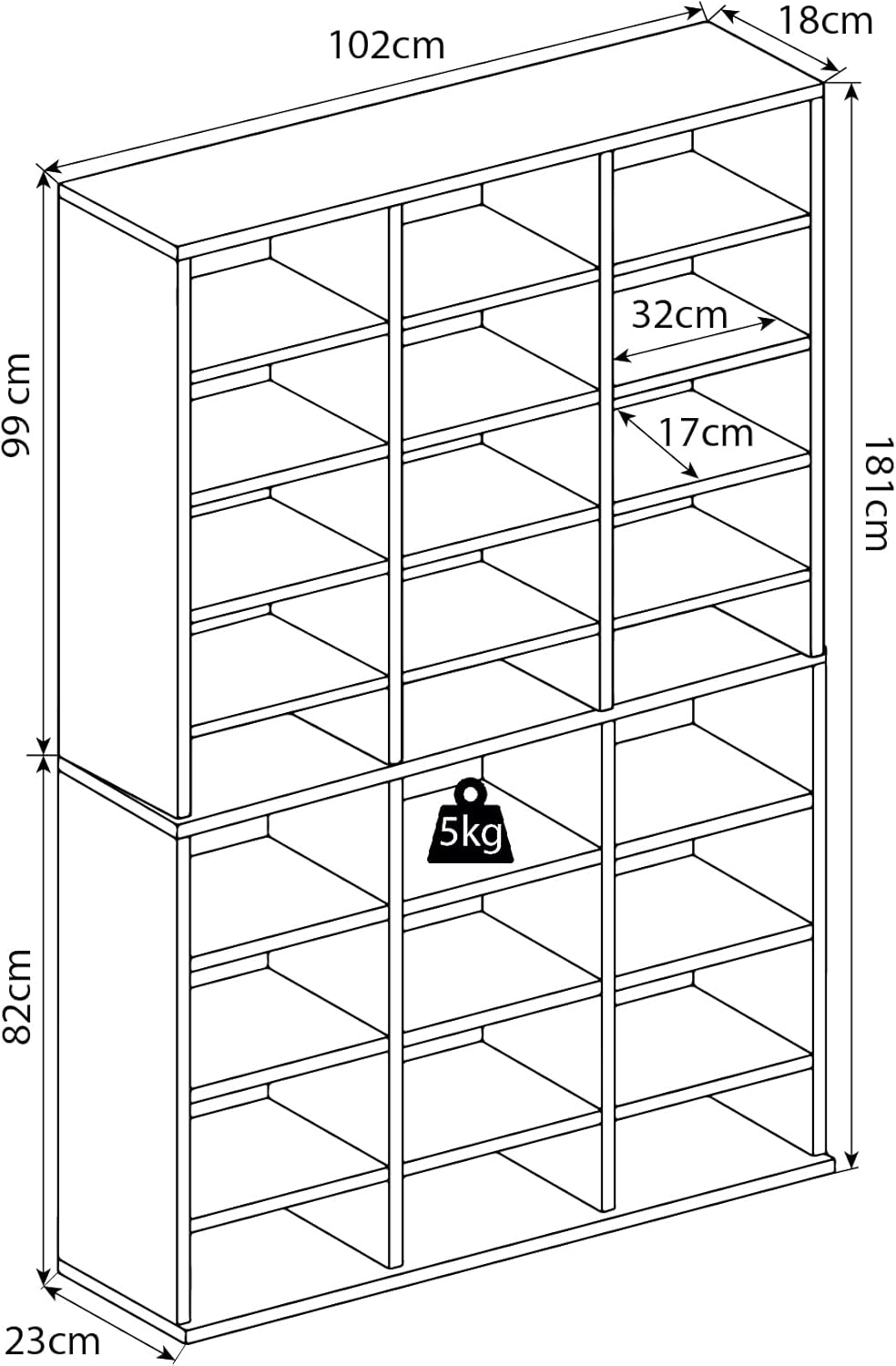 VCM Holzregal stehend | platzsparender CD-Schrank für 1080 CDs oder 504 DVDs | Maße: H. 181 x B. 102 x T. 23 cm | Elegantes DVD Regal stehend | Blu-Ray Regal | CD Regal Megosa XL